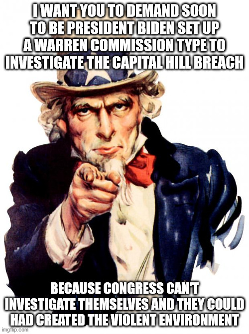 Time for a Warren Commission type investigation on Capital Hill Violence | I WANT YOU TO DEMAND SOON TO BE PRESIDENT BIDEN SET UP A WARREN COMMISSION TYPE TO INVESTIGATE THE CAPITAL HILL BREACH; BECAUSE CONGRESS CAN'T INVESTIGATE THEMSELVES AND THEY COULD HAD CREATED THE VIOLENT ENVIRONMENT | image tagged in uncle sam,warren commission,capital hill,democrats,republicans,conflict of interest | made w/ Imgflip meme maker