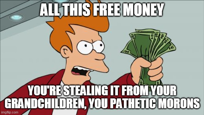 SOMEBODY HAD TO SAY IT. | ALL THIS FREE MONEY; YOU'RE STEALING IT FROM YOUR GRANDCHILDREN, YOU PATHETIC MORONS | image tagged in memes,shut up and take my money fry | made w/ Imgflip meme maker