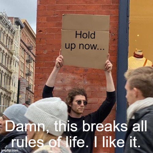 Hold up now... Damn, this breaks all rules of life. I like it. | image tagged in memes,guy holding cardboard sign | made w/ Imgflip meme maker