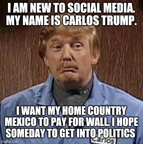 I AM NEW TO SOCIAL MEDIA.  MY NAME IS CARLOS TRUMP. I WANT MY HOME COUNTRY MEXICO TO PAY FOR WALL. I HOPE SOMEDAY TO GET INTO POLITICS | image tagged in donald trump | made w/ Imgflip meme maker