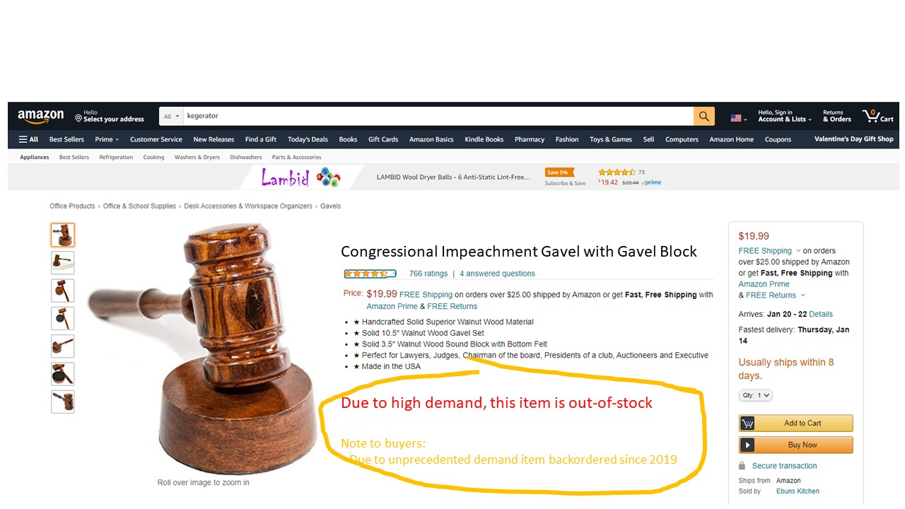 Amazon Impeachment Gavel Out of Stock Due to High Demand Blank Meme Template