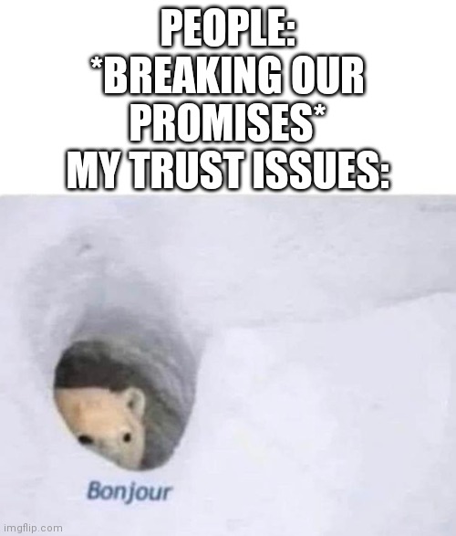 Bonjour | PEOPLE: *BREAKING OUR PROMISES*
MY TRUST ISSUES: | image tagged in bonjour | made w/ Imgflip meme maker