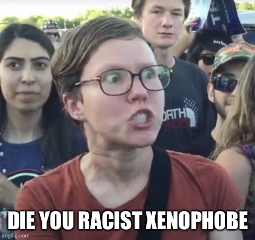 Triggered feminist | DIE YOU RACIST XENOPHOBE | image tagged in triggered feminist | made w/ Imgflip meme maker