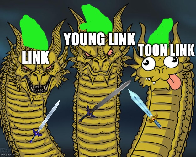 toon link down air tho | YOUNG LINK; TOON LINK; LINK | image tagged in three-headed dragon,link,super smash bros | made w/ Imgflip meme maker