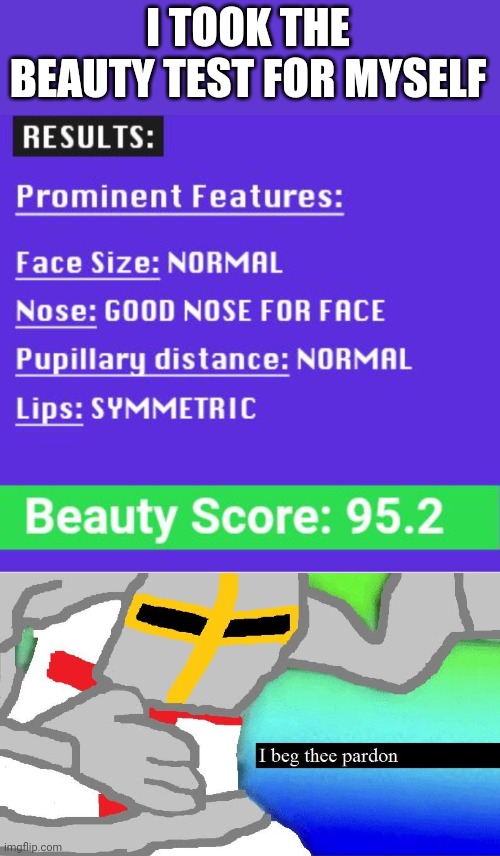 Their algorithms are messed up. I should have gotten a C at best | I TOOK THE BEAUTY TEST FOR MYSELF | image tagged in i beg thee pardon | made w/ Imgflip meme maker