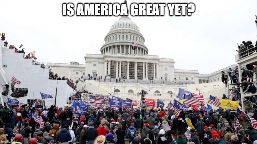 IS AMERICA GREAT YET? | image tagged in protesters | made w/ Imgflip meme maker
