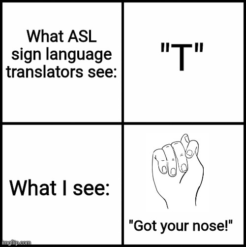 Got your nose! | "T"; What ASL sign language translators see:; What I see:; "Got your nose!" | image tagged in sign language,hands,ha ha tags go brr | made w/ Imgflip meme maker