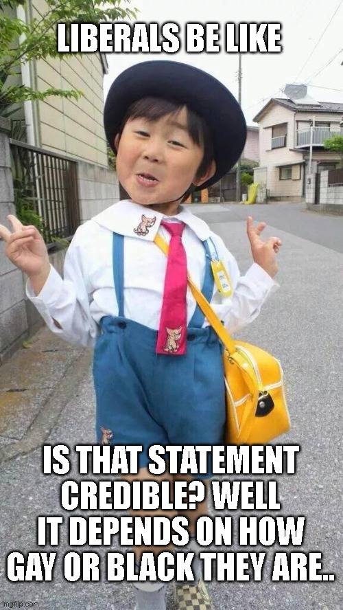 mockin chinese boy | LIBERALS BE LIKE IS THAT STATEMENT CREDIBLE? WELL IT DEPENDS ON HOW GAY OR BLACK THEY ARE.. | image tagged in mockin chinese boy | made w/ Imgflip meme maker