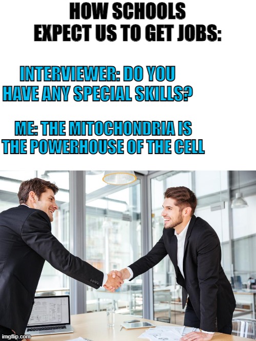 How schools expect us to get jobs | HOW SCHOOLS EXPECT US TO GET JOBS:; INTERVIEWER: DO YOU HAVE ANY SPECIAL SKILLS? ME: THE MITOCHONDRIA IS THE POWERHOUSE OF THE CELL | image tagged in job interview,mitochondria,school | made w/ Imgflip meme maker