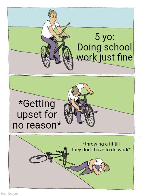 Bike Fall | 5 yo: Doing school work just fine; *Getting upset for no reason*; *throwing a fit till they don't have to do work* | image tagged in memes,bike fall | made w/ Imgflip meme maker