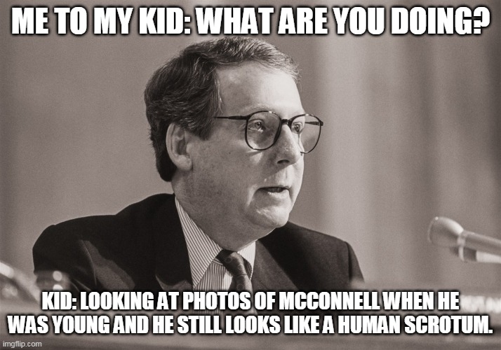 Young Mitch McConnell | ME TO MY KID: WHAT ARE YOU DOING? KID: LOOKING AT PHOTOS OF MCCONNELL WHEN HE WAS YOUNG AND HE STILL LOOKS LIKE A HUMAN SCROTUM. | image tagged in scrotum,ball sack,mitch mcconnell,turtle,politics,kids | made w/ Imgflip meme maker