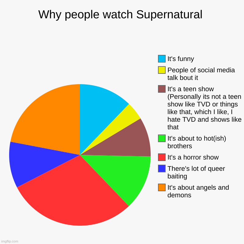 Why people watch Supernatural | Why people watch Supernatural | It's about angels and demons, There's lot of queer baiting, It's a horror show, It's about to hot(ish) broth | image tagged in charts,pie charts,supernatural,spn,team free will | made w/ Imgflip chart maker