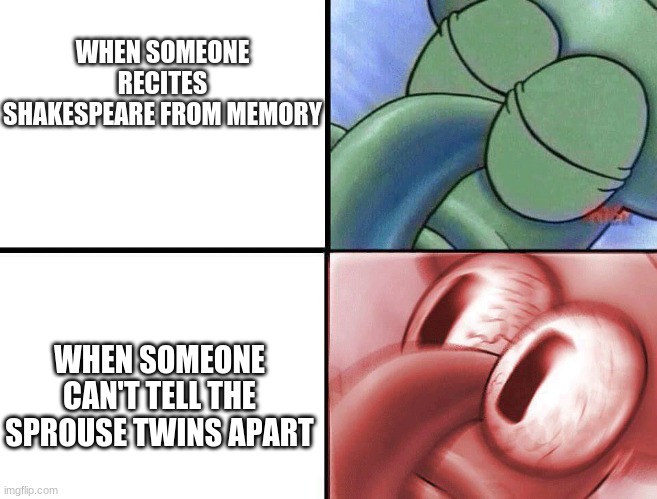 Pop culture | WHEN SOMEONE RECITES SHAKESPEARE FROM MEMORY; WHEN SOMEONE CAN'T TELL THE SPROUSE TWINS APART | image tagged in sleeping squidward | made w/ Imgflip meme maker