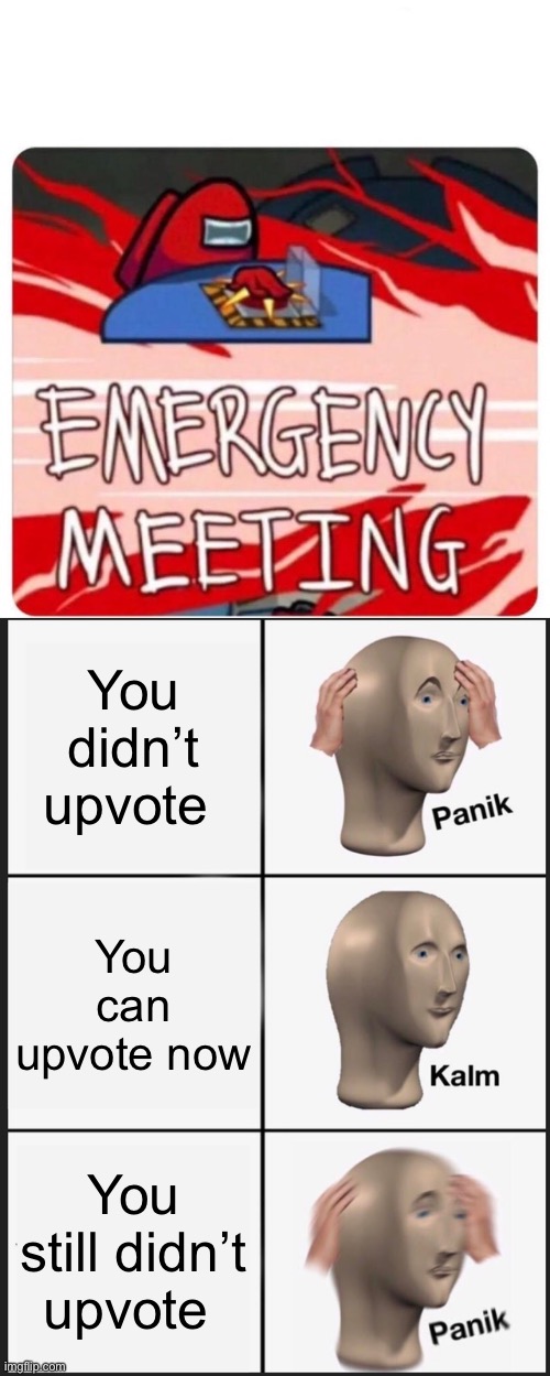 You didn’t upvote; You can upvote now; You still didn’t upvote | image tagged in emergency meeting among us,memes,panik kalm panik | made w/ Imgflip meme maker