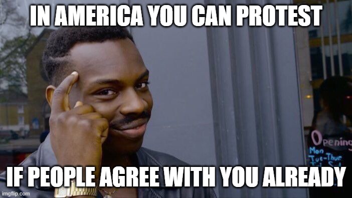 In America | IN AMERICA YOU CAN PROTEST; IF PEOPLE AGREE WITH YOU ALREADY | image tagged in memes,roll safe think about it | made w/ Imgflip meme maker