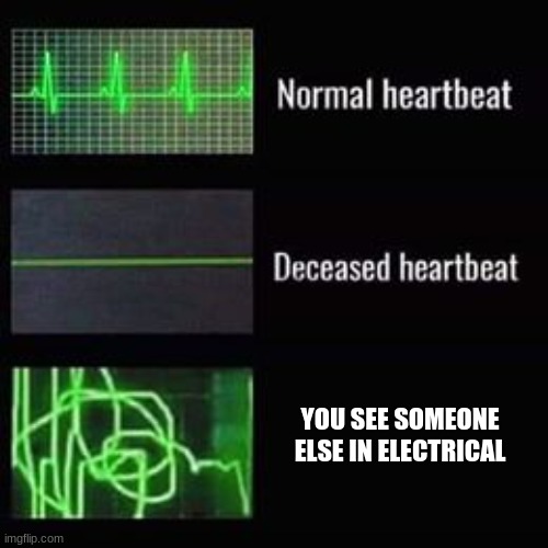 I always die in electrical. | YOU SEE SOMEONE ELSE IN ELECTRICAL | image tagged in heartbeat rate | made w/ Imgflip meme maker