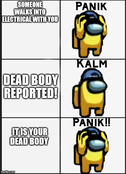 Among us Panik | SOMEONE WALKS INTO ELECTRICAL WITH YOU; DEAD BODY REPORTED! IT IS YOUR DEAD BODY | image tagged in among us panik | made w/ Imgflip meme maker