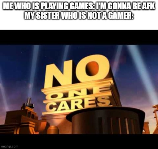 no one cares | ME WHO IS PLAYING GAMES: I'M GONNA BE AFK
MY SISTER WHO IS NOT A GAMER: | image tagged in no one cares | made w/ Imgflip meme maker