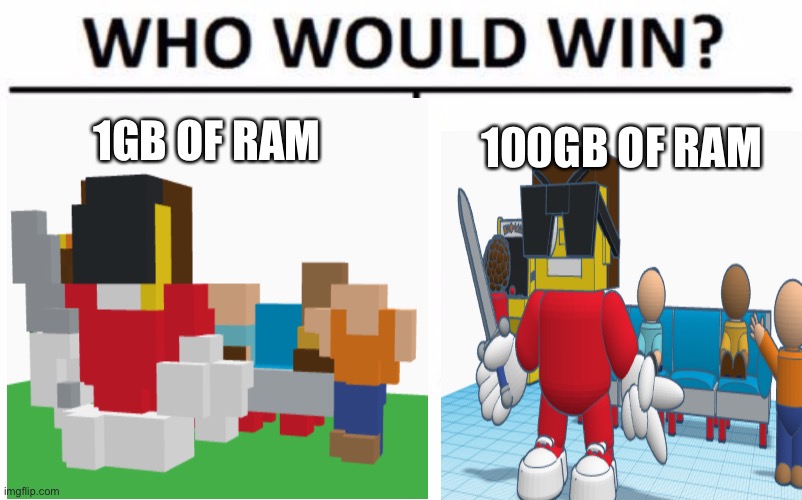 Gb of ram who would win | 1GB OF RAM; 100GB OF RAM | image tagged in who would win | made w/ Imgflip meme maker