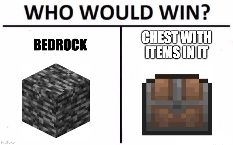 unbreakable vs unbreakable | BEDROCK; CHEST WITH ITEMS IN IT | image tagged in memes,who would win | made w/ Imgflip meme maker