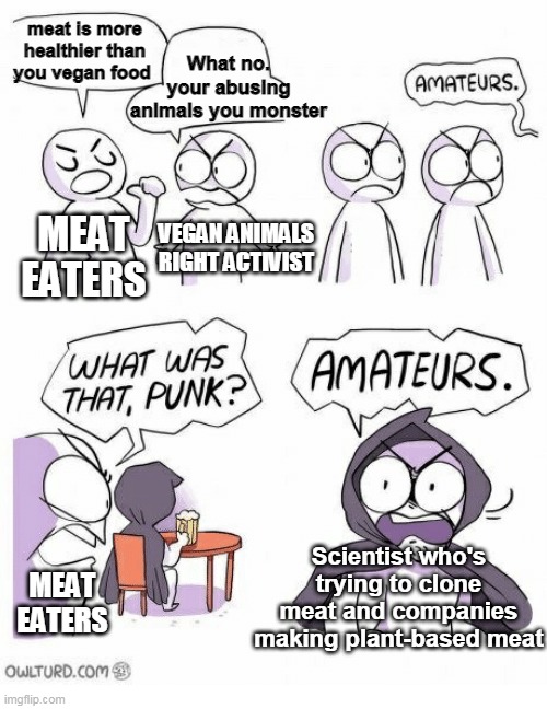 Amateurs | What no. your abusing animals you monster; meat is more healthier than you vegan food; VEGAN ANIMALS RIGHT ACTIVIST; MEAT EATERS; Scientist who's trying to clone meat and companies making plant-based meat; MEAT EATERS | image tagged in amateurs | made w/ Imgflip meme maker