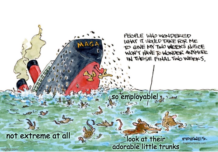 Perhaps they have a rat's worth of conscience; perhaps it's just instinct (Cartoon by Pat Byrnes) | so employable! look at their adorable little trunks; not extreme at all | image tagged in rats,2021,ship,cartoon | made w/ Imgflip meme maker
