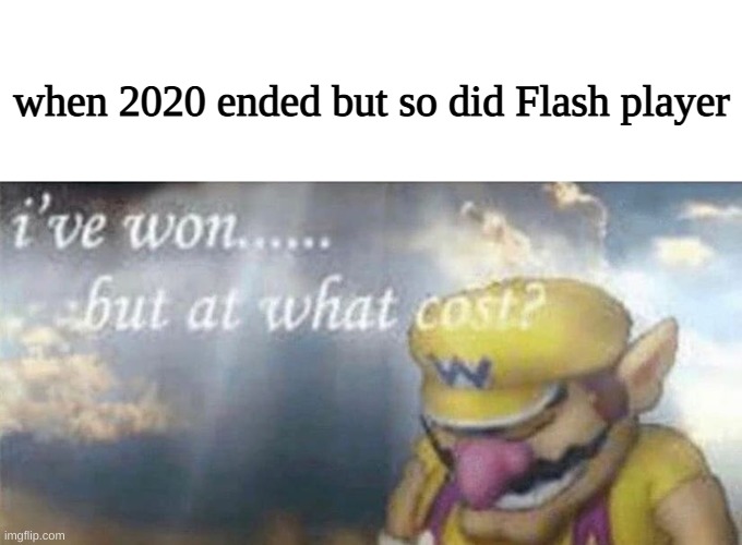 ive won but at what cost | when 2020 ended but so did Flash player | image tagged in ive won but at what cost | made w/ Imgflip meme maker
