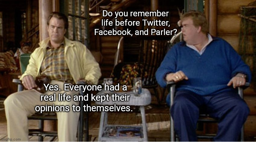 Life before Big tech | Do you remember life before Twitter, Facebook, and Parler? Yes. Everyone had a real life and kept their opinions to themselves. | image tagged in the great outdoors,twitter,facebook,parler,censorship,free speech | made w/ Imgflip meme maker