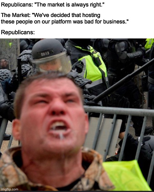 If social media is the new public square, maybe seek to nationalize it. | Republicans: "The market is always right."; The Market: "We've decided that hosting these people on our platform was bad for business."; Republicans: | image tagged in republicans,capitol hill,donald trump,election 2020,fascism | made w/ Imgflip meme maker