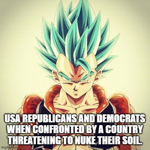 Gogeta  | USA REPUBLICANS AND DEMOCRATS WHEN CONFRONTED BY A COUNTRY THREATENING TO NUKE THEIR SOIL. | image tagged in gogeta | made w/ Imgflip meme maker