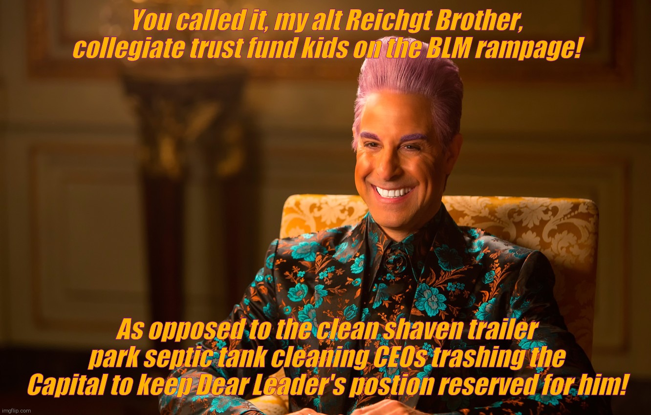 Caesar Flickerman (Stanley Tucci) | You called it, my alt Reichgt Brother, collegiate trust fund kids on the BLM rampage! As opposed to the clean shaven trailer park septic tan | image tagged in caesar flickerman stanley tucci | made w/ Imgflip meme maker