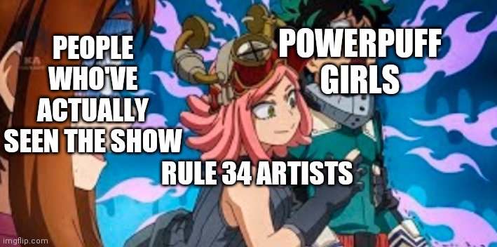 Especially with xierra099 | PEOPLE WHO'VE ACTUALLY SEEN THE SHOW; POWERPUFF GIRLS; RULE 34 ARTISTS | image tagged in deku uraraka and hatsume,powerpuff girls | made w/ Imgflip meme maker