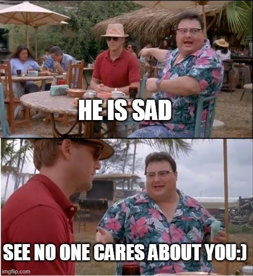 See Nobody Cares Meme | HE IS SAD; SEE NO ONE CARES ABOUT YOU:) | image tagged in memes,see nobody cares | made w/ Imgflip meme maker