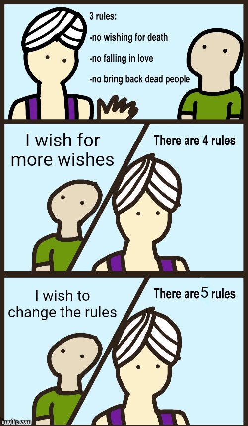 I wish for more wishes; I wish to change the rules; 5 | image tagged in genie rules meme | made w/ Imgflip meme maker