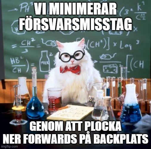 Chemistry Cat Meme |  VI MINIMERAR FÖRSVARSMISSTAG; GENOM ATT PLOCKA NER FORWARDS PÅ BACKPLATS | image tagged in memes,chemistry cat | made w/ Imgflip meme maker