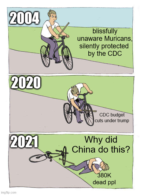 we could be doin so we'll RN but they privatized and financialized our healthcare |  2004; blissfully unaware Muricans, silently protected 
by the CDC; 2020; CDC budget cuts under trump; 2021; Why did China do this? 380K dead ppl | image tagged in memes,bike fall | made w/ Imgflip meme maker