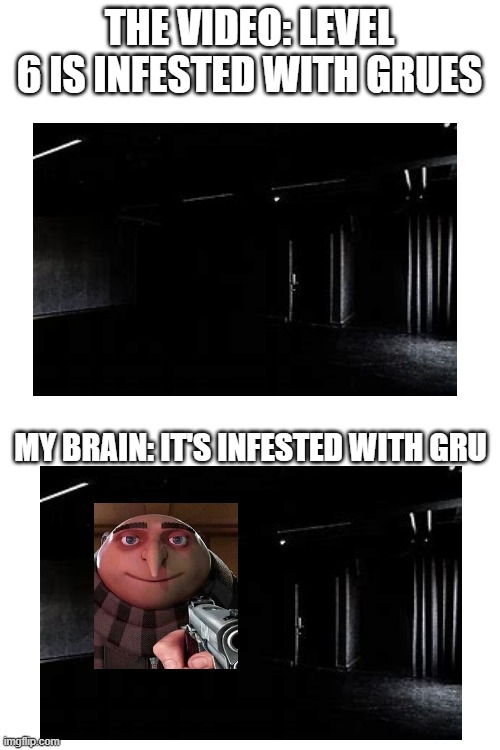 The Backrooms is infested with gru | THE VIDEO: LEVEL 6 IS INFESTED WITH GRUES; MY BRAIN: IT'S INFESTED WITH GRU | image tagged in blank white template,gru,the backrooms | made w/ Imgflip meme maker