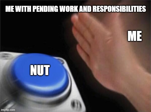 Blank Nut Button Meme | ME WITH PENDING WORK AND RESPONSIBILITIES; ME; NUT | image tagged in memes,blank nut button | made w/ Imgflip meme maker