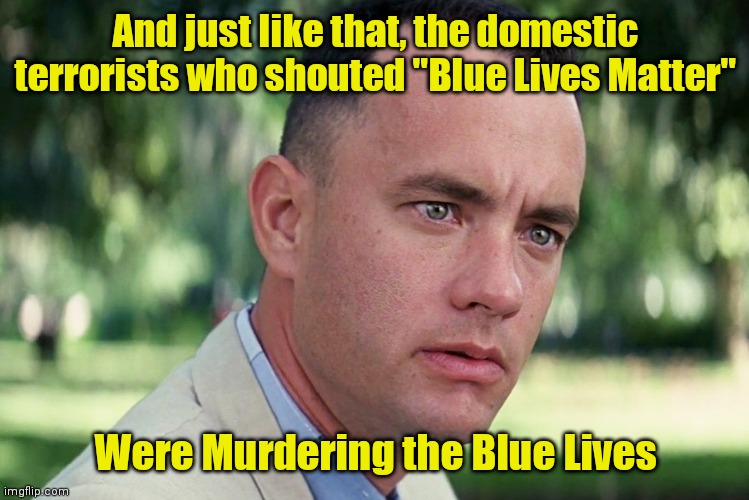 And Just Like That Meme | And just like that, the domestic terrorists who shouted "Blue Lives Matter"; Were Murdering the Blue Lives | image tagged in memes,and just like that | made w/ Imgflip meme maker