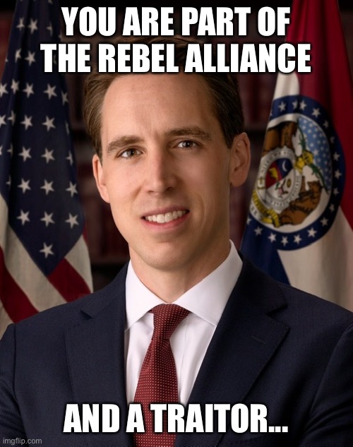 Josh Hawley the Traitor | YOU ARE PART OF THE REBEL ALLIANCE; AND A TRAITOR... | image tagged in josh hawley,traitor,treason,government,missouri,weasel | made w/ Imgflip meme maker