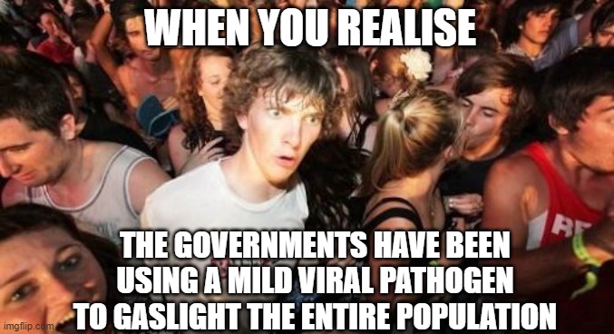 Covid Gaslighting |  WHEN YOU REALISE; THE GOVERNMENTS HAVE BEEN USING A MILD VIRAL PATHOGEN TO GASLIGHT THE ENTIRE POPULATION | image tagged in covid-19,covid19,gas mask,scammers,coronavirus,corona | made w/ Imgflip meme maker