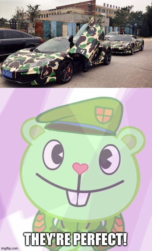 Camo car | THEY'RE PERFECT! | image tagged in flippy smiles 2 htf | made w/ Imgflip meme maker