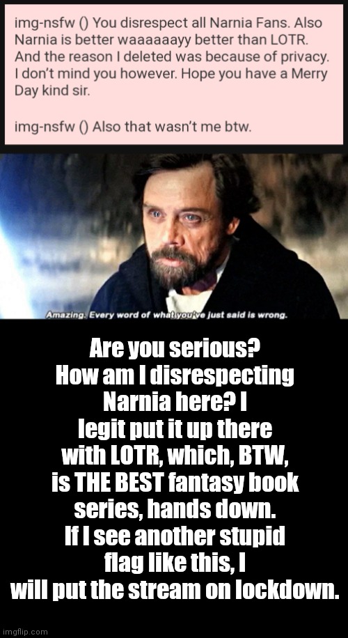 Are you serious? How am I disrespecting Narnia here? I legit put it up there with LOTR, which, BTW, is THE BEST fantasy book series, hands down. If I see another stupid flag like this, I will put the stream on lockdown. | image tagged in amazing every word of what you just said is wrong | made w/ Imgflip meme maker