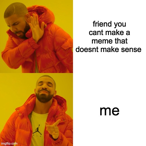 Friend: you can't make a meme that doesn't make sense. | friend you cant make a meme that doesnt make sense; me | image tagged in memes,drake hotline bling | made w/ Imgflip meme maker