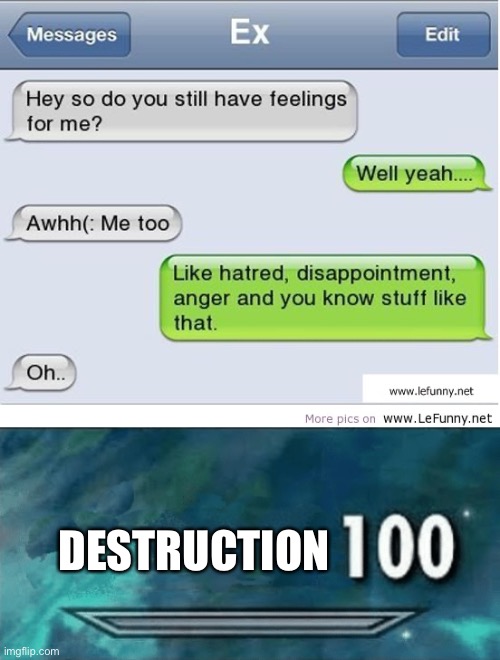 ... |  DESTRUCTION | image tagged in skyrim skill meme,funny,memes,texting,text messages | made w/ Imgflip meme maker