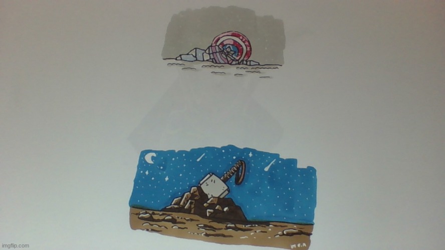 Captain America shield in the ice and Thor's hammer in some rocks | image tagged in drawing | made w/ Imgflip meme maker