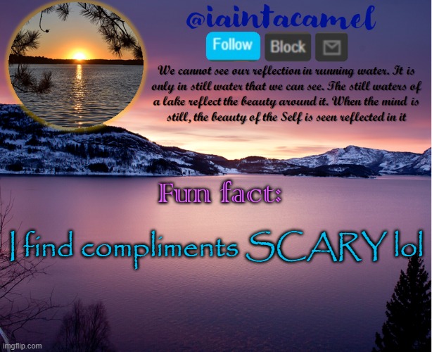iaintacamel | I find compliments SCARY lol; Fun fact: | image tagged in iaintacamel | made w/ Imgflip meme maker