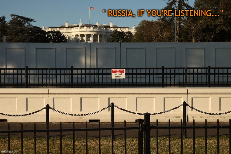 Russia listening |  " RUSSIA, IF YOU'RE LISTENING..." | image tagged in trump putin,russia,putin,loser,insurrection,national security | made w/ Imgflip meme maker