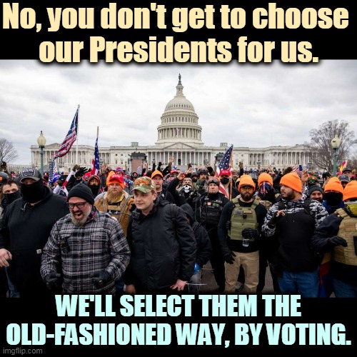Trumptards 100%. Antifa 0%. Not one. Take responsibility. | No, you don't get to choose 
our Presidents for us. WE'LL SELECT THEM THE OLD-FASHIONED WAY, BY VOTING. | image tagged in qanon,violent,mob,losers | made w/ Imgflip meme maker