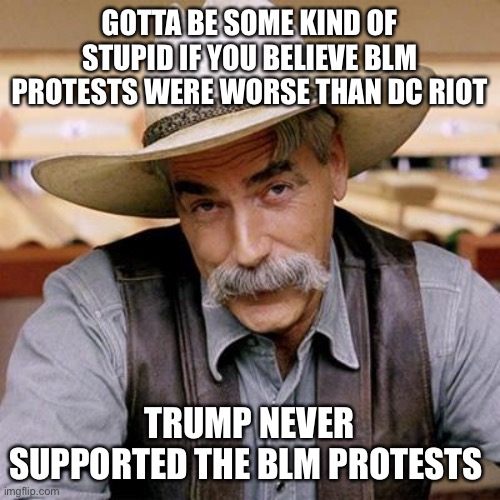 Presidential sedition and MAGA  insurrection | GOTTA BE SOME KIND OF STUPID IF YOU BELIEVE BLM PROTESTS WERE WORSE THAN DC RIOT; TRUMP NEVER SUPPORTED THE BLM PROTESTS | image tagged in sarcasm cowboy,donald trump,maga,terrorism,riots,government | made w/ Imgflip meme maker